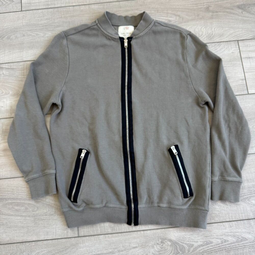 Zara Boys Collection Cotton Blend Ribbed Sage ￼Green Full Zip‎ Up Sweater, 13/14